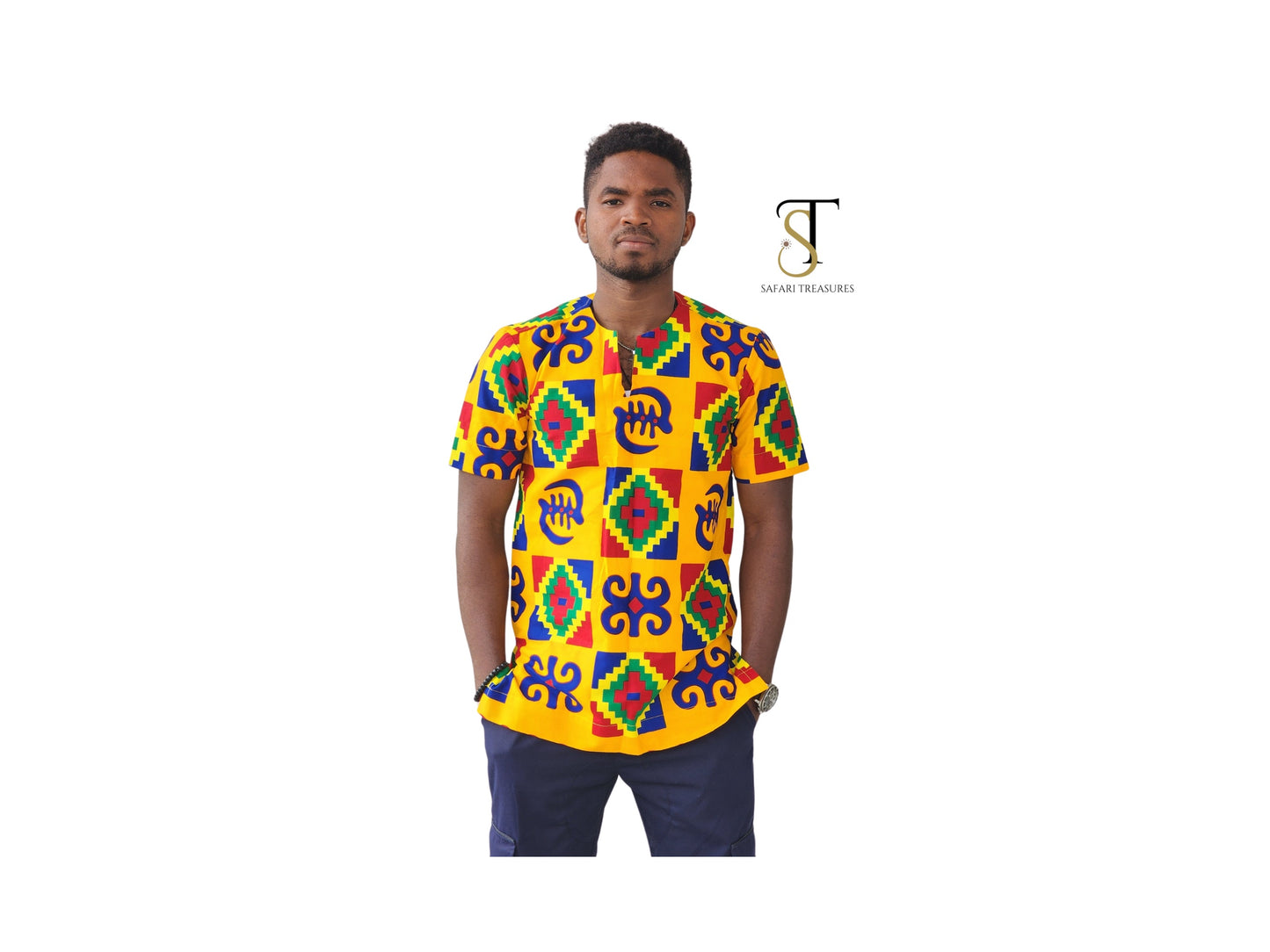 Adjei Men's African Kente Print Shirt, African Clothes, African Print, African Wear for Men