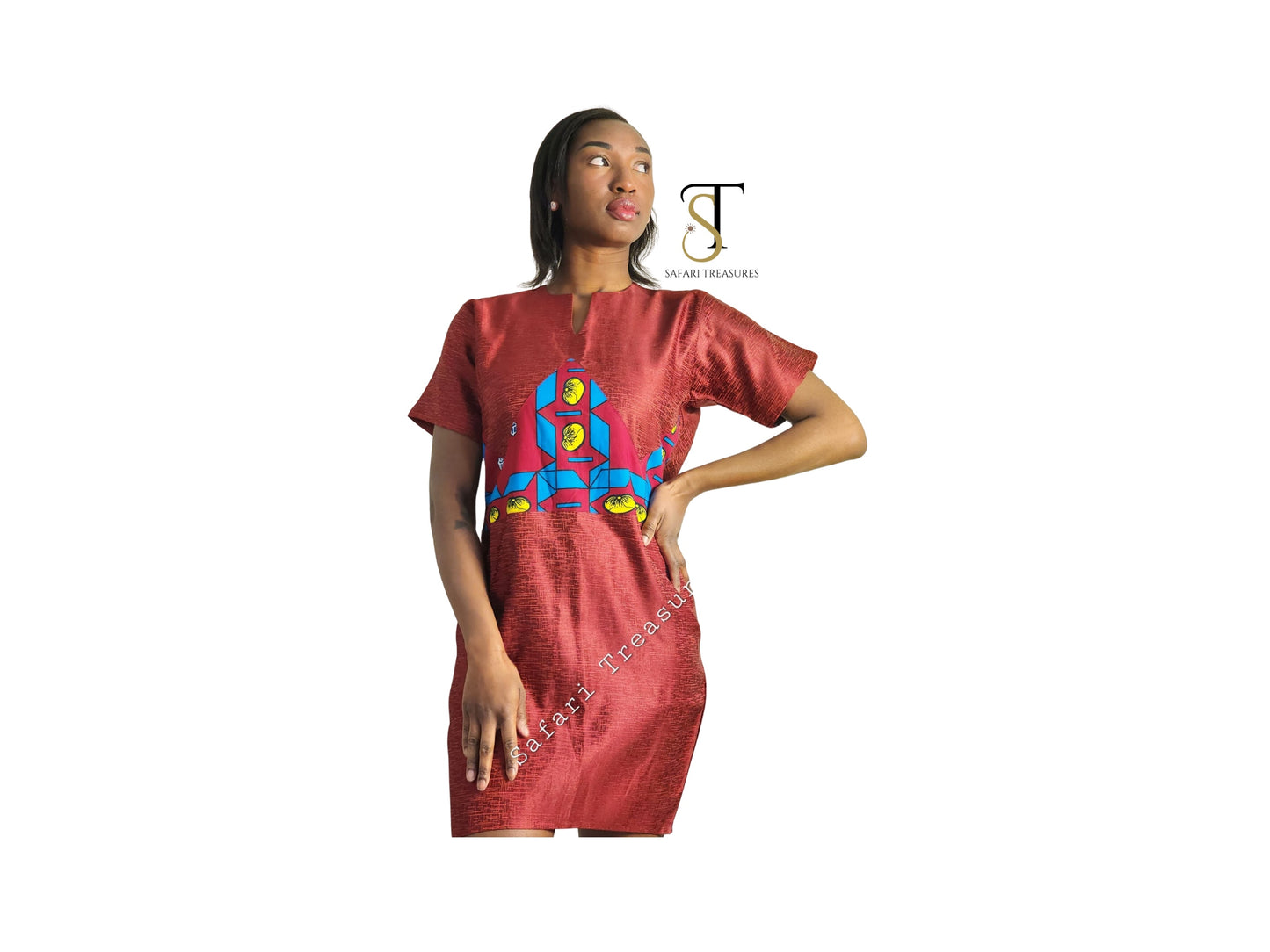 Aretha Women's African Print. Plain Fabric with patched details