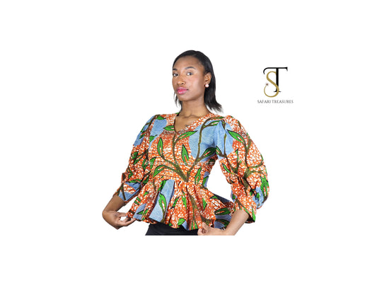 Ama African Print Women’s Puff Sleeve Peplum Top!